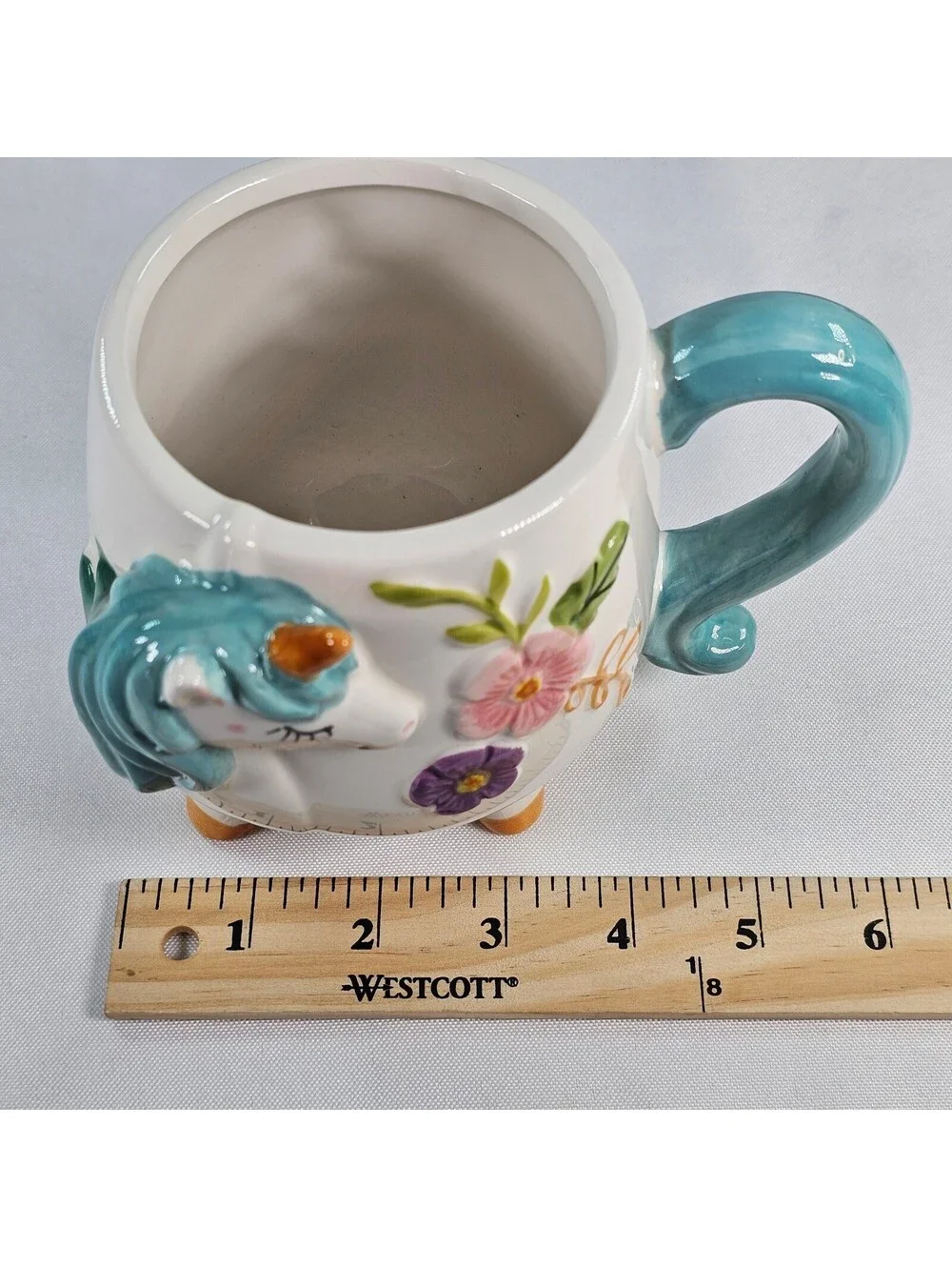 Boston Warehouse Unicorn Mug Teal Mane Floral 3D Sculpted Ceramic Footed 16oz